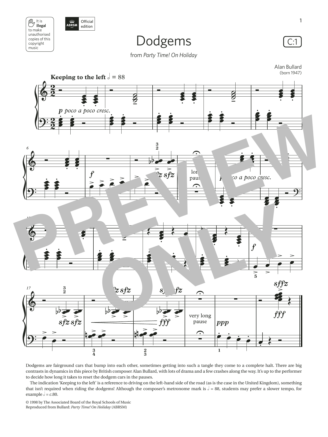 Alan Bullard Dodgems (Grade Initial, list C1, from the ABRSM Piano Syllabus 2021 & 2022) sheet music notes and chords arranged for Piano Solo