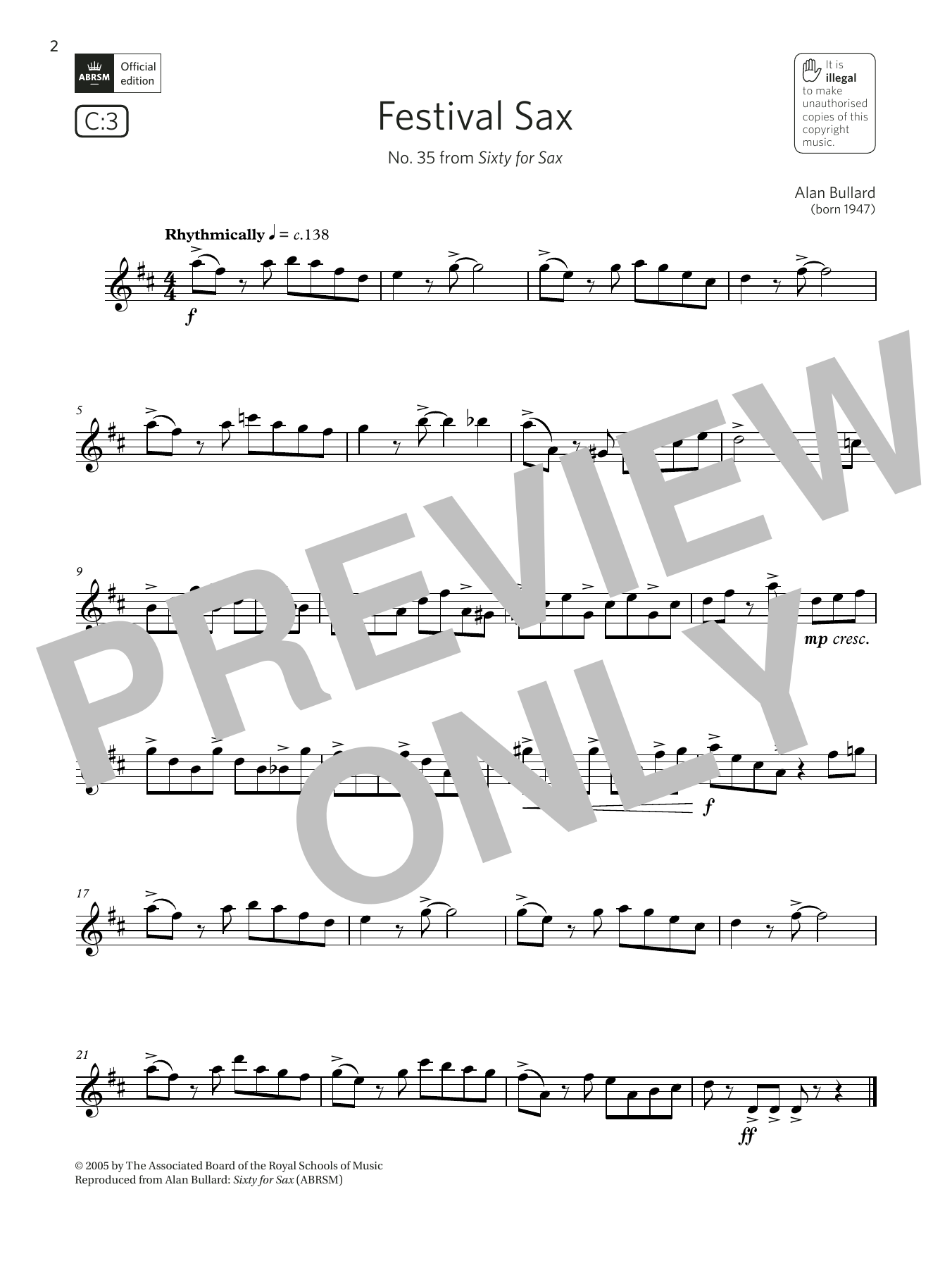 Alan Bullard Festival Sax (from Sixty for Sax) (Grade 5 List C3 from the ABRSM Saxophone syllabus from 2022) sheet music notes and chords arranged for Alto Sax Solo