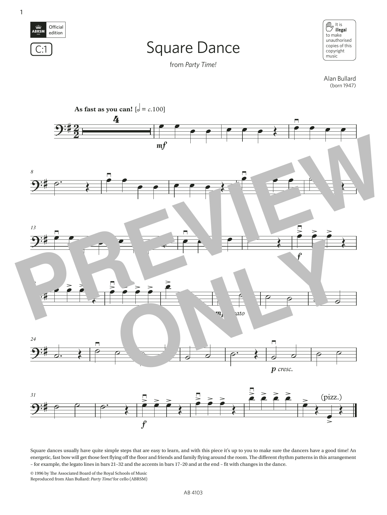 Alan Bullard Square Dance (Grade Initial, C1, from the ABRSM Cello Syllabus from 2024) sheet music notes and chords arranged for Cello Solo