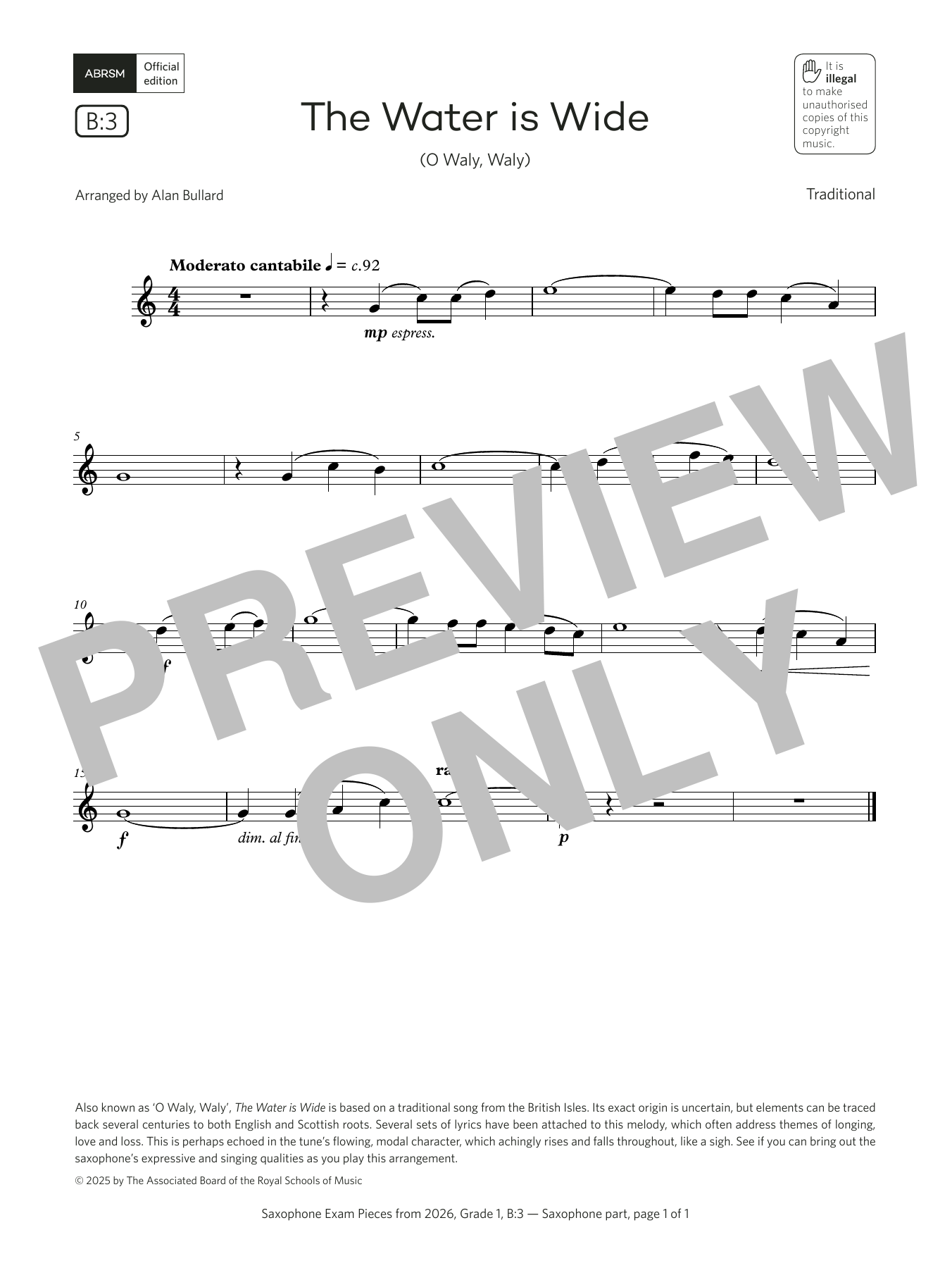 Alan Bullard The Water is Wide (Grade 1, list B3, from the ABRSM Saxophone Syllabus from 2026) sheet music notes and chords arranged for Alto Sax Solo