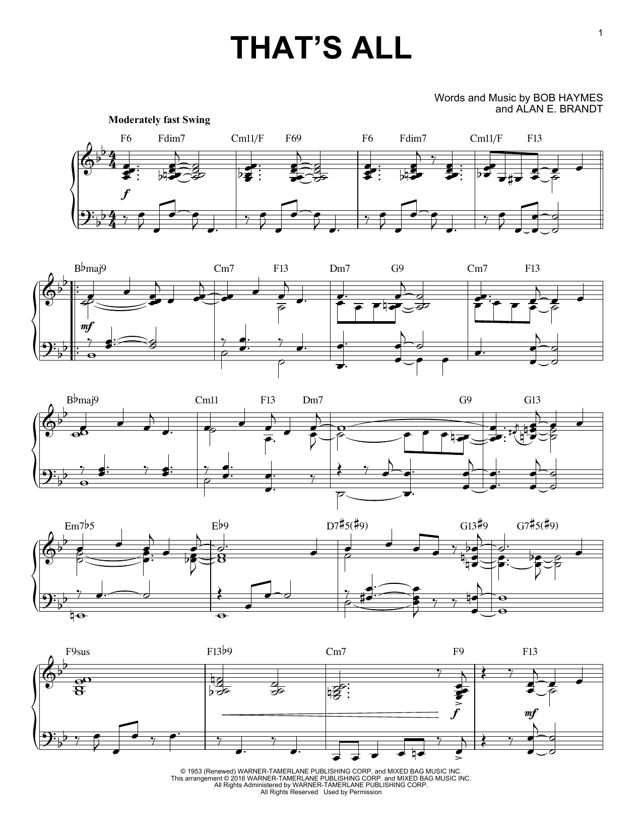 Alan E. Brandt That's All [Jazz version] (arr. Brent Edstrom) sheet music notes and chords arranged for Piano Solo