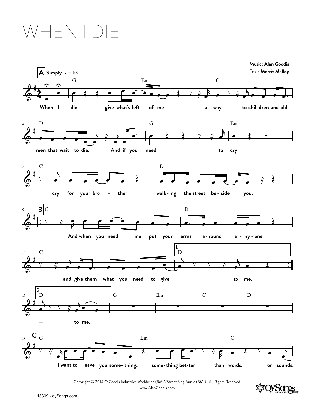 Alan Goodis When I Die sheet music notes and chords arranged for Lead Sheet / Fake Book