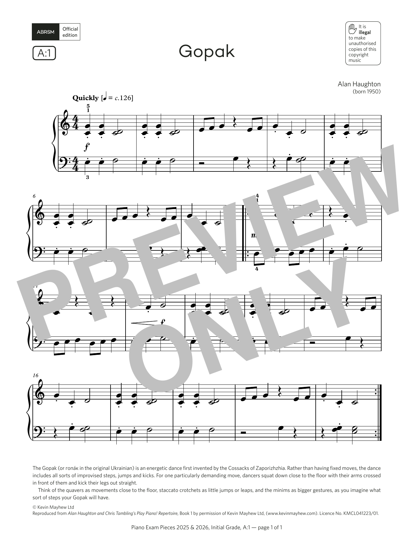Alan Haughton Gopak (Grade Initial, list A1, from the ABRSM Piano Syllabus 2025 & 2026) sheet music notes and chords arranged for Piano Solo