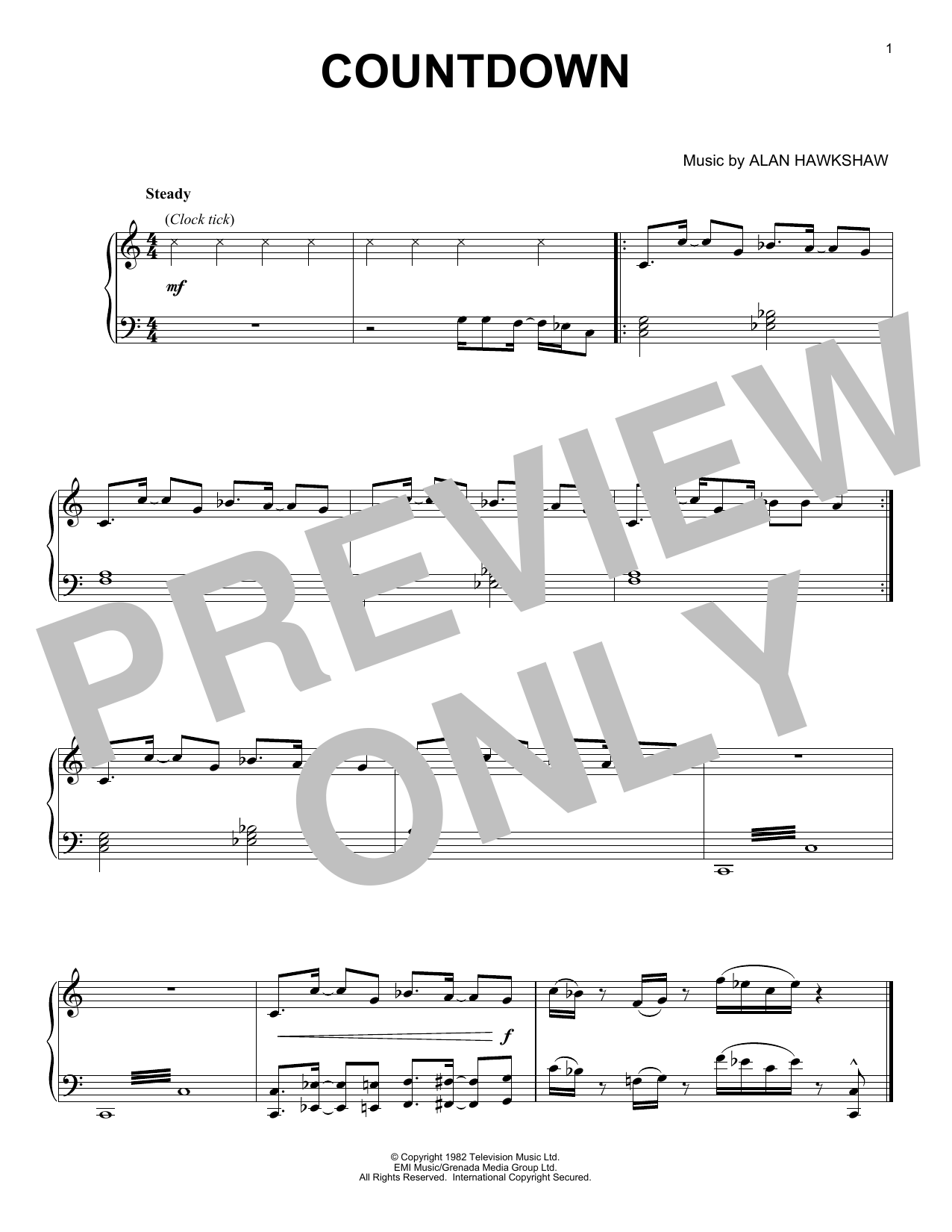 Alan Hawkshaw Countdown sheet music notes and chords arranged for Piano Solo