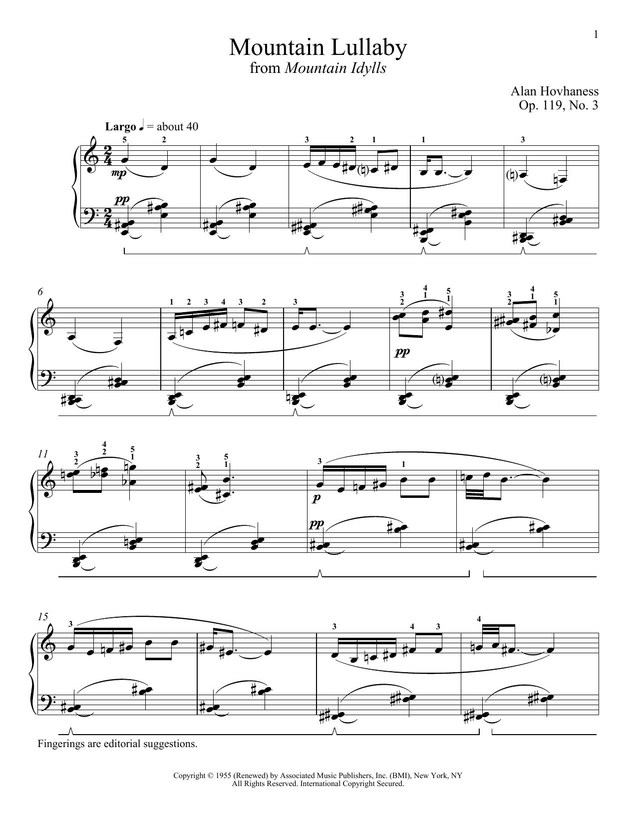 Alan Hovhaness Mountain Lullaby sheet music notes and chords arranged for Piano Solo