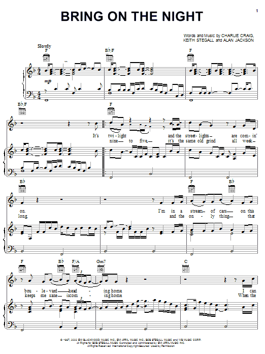 Alan Jackson Bring On The Night sheet music notes and chords arranged for Piano, Vocal & Guitar Chords (Right-Hand Melody)