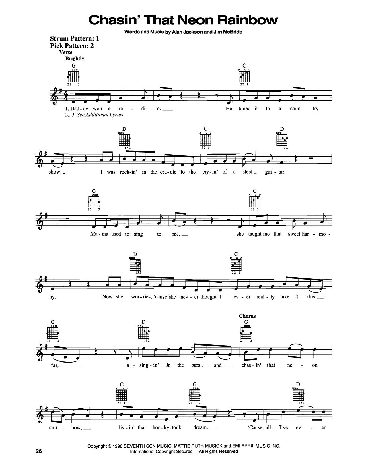 Alan Jackson Chasin' That Neon Rainbow sheet music notes and chords arranged for Easy Guitar