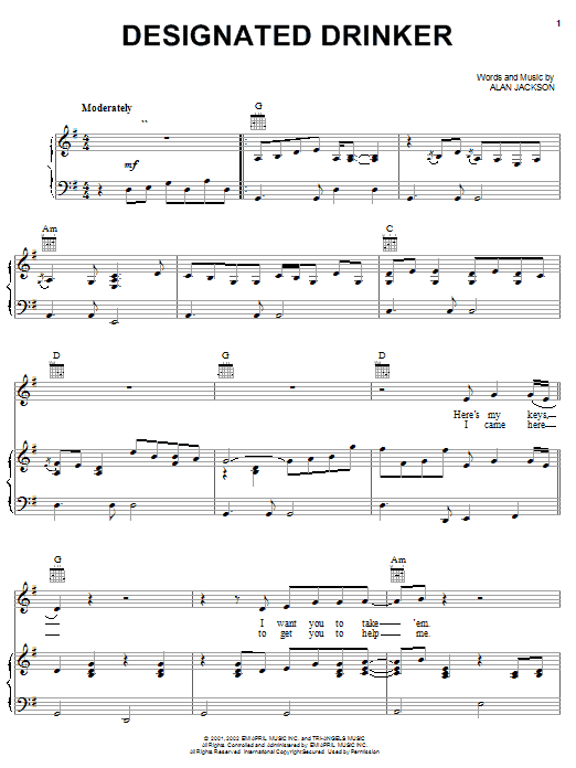 Alan Jackson Designated Drinker sheet music notes and chords arranged for Piano, Vocal & Guitar Chords (Right-Hand Melody)
