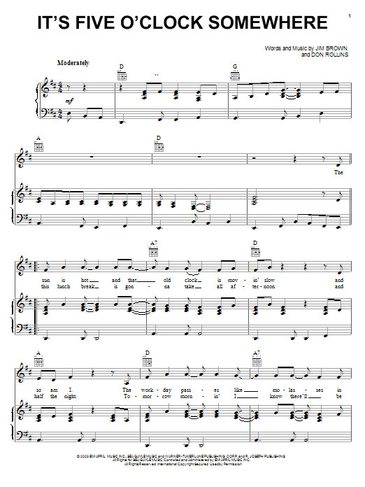 Alan Jackson It's Five O'Clock Somewhere sheet music notes and chords arranged for Piano, Vocal & Guitar Chords (Right-Hand Melody)