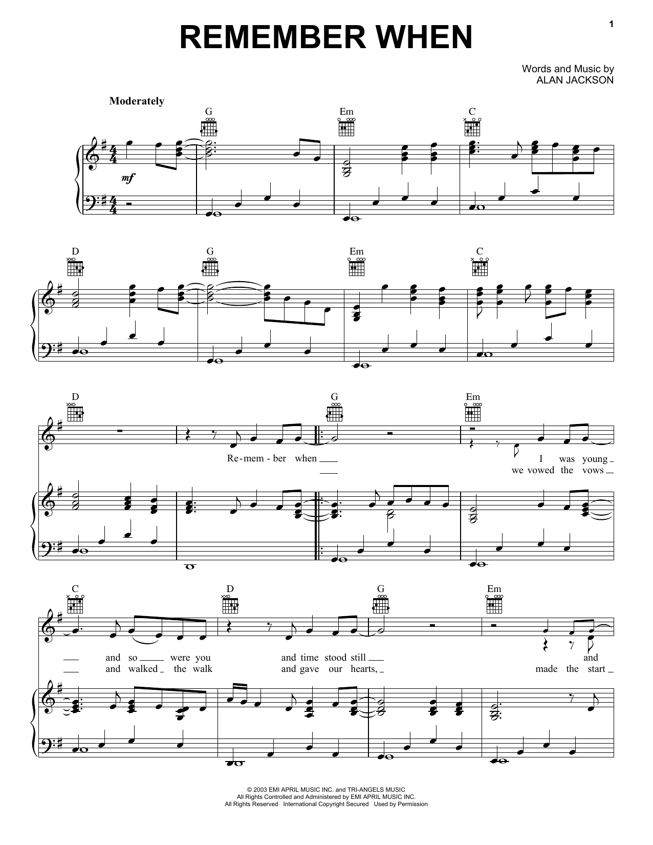 Alan Jackson Remember When sheet music notes and chords arranged for Easy Piano