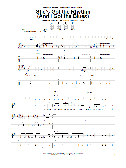 Alan Jackson She's Got The Rhythm (And I Got The Blues) sheet music notes and chords arranged for Guitar Tab