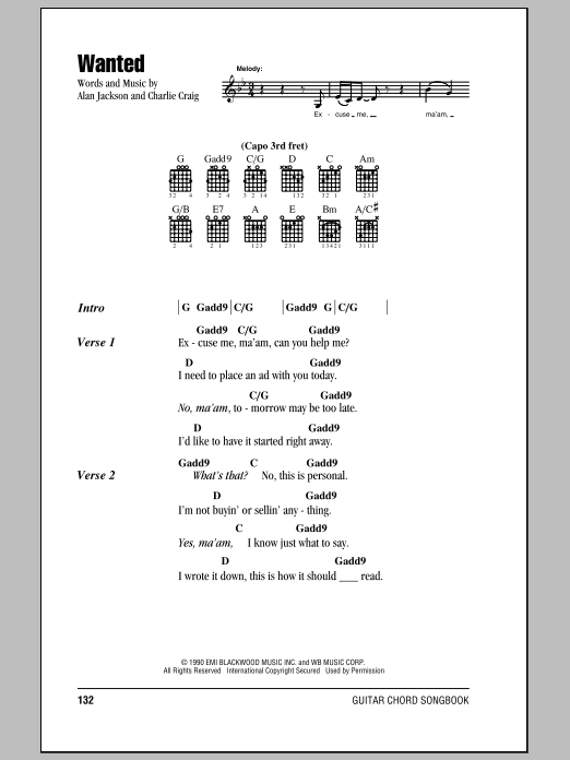 Alan Jackson Wanted sheet music notes and chords arranged for Guitar Chords/Lyrics