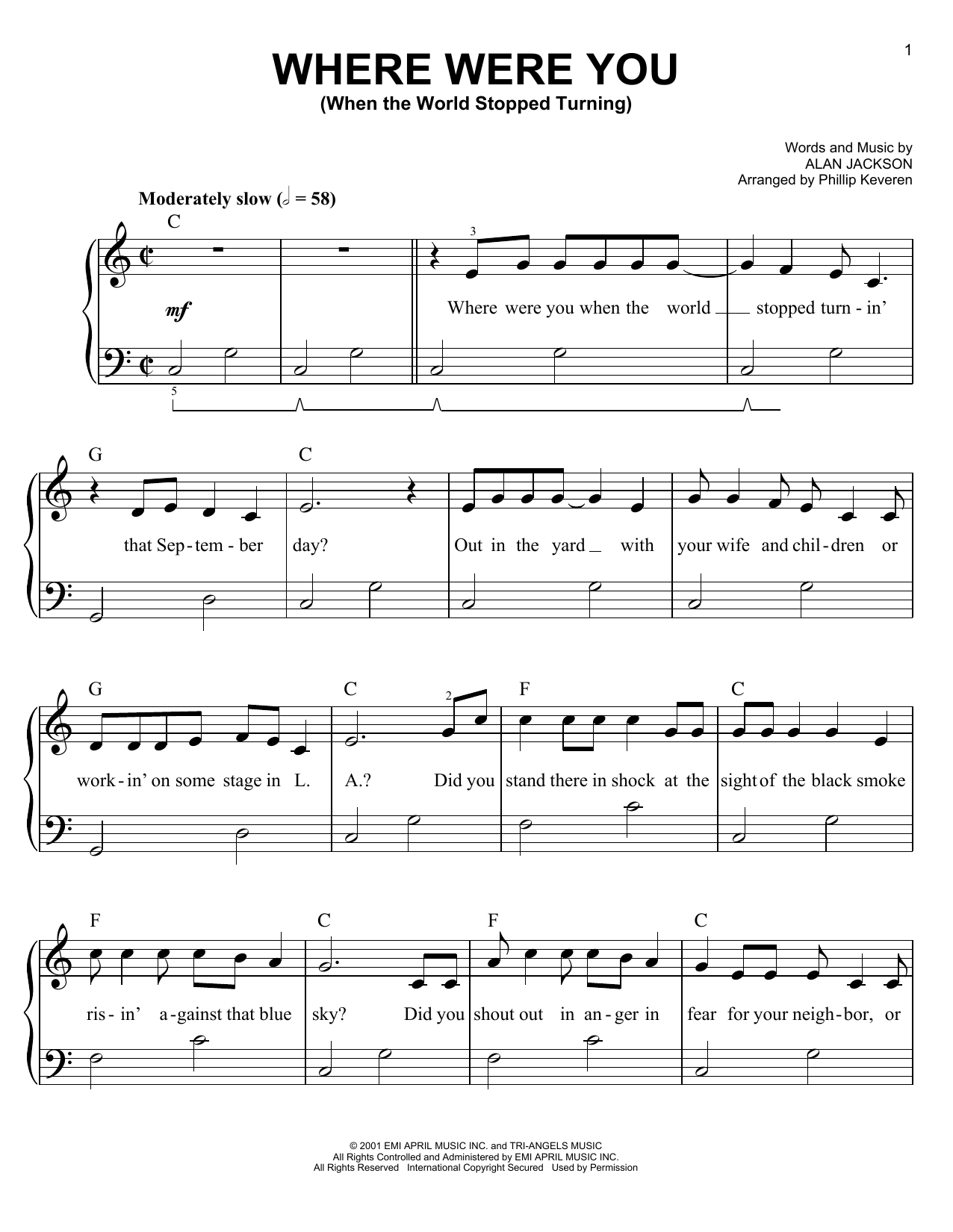 Alan Jackson Where Were You (When The World Stopped Turning) (arr. Phillip Keveren) sheet music notes and chords arranged for Easy Piano