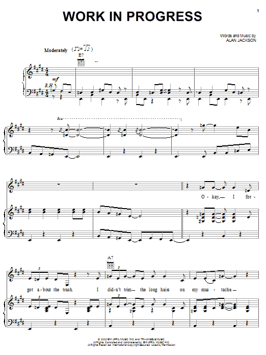Alan Jackson Work In Progress sheet music notes and chords arranged for Piano, Vocal & Guitar Chords (Right-Hand Melody)