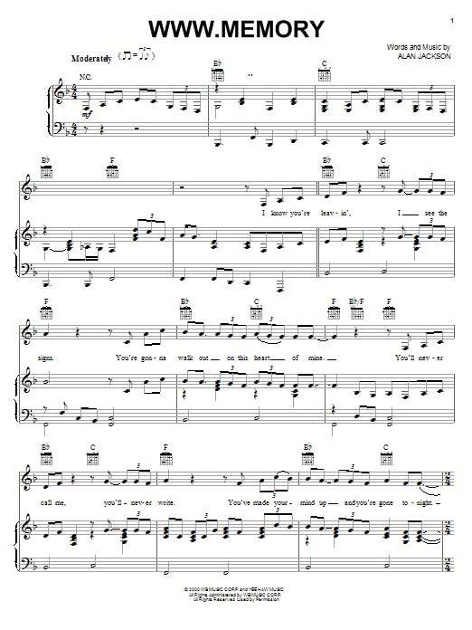 Alan Jackson www.memory sheet music notes and chords arranged for Piano, Vocal & Guitar Chords (Right-Hand Melody)