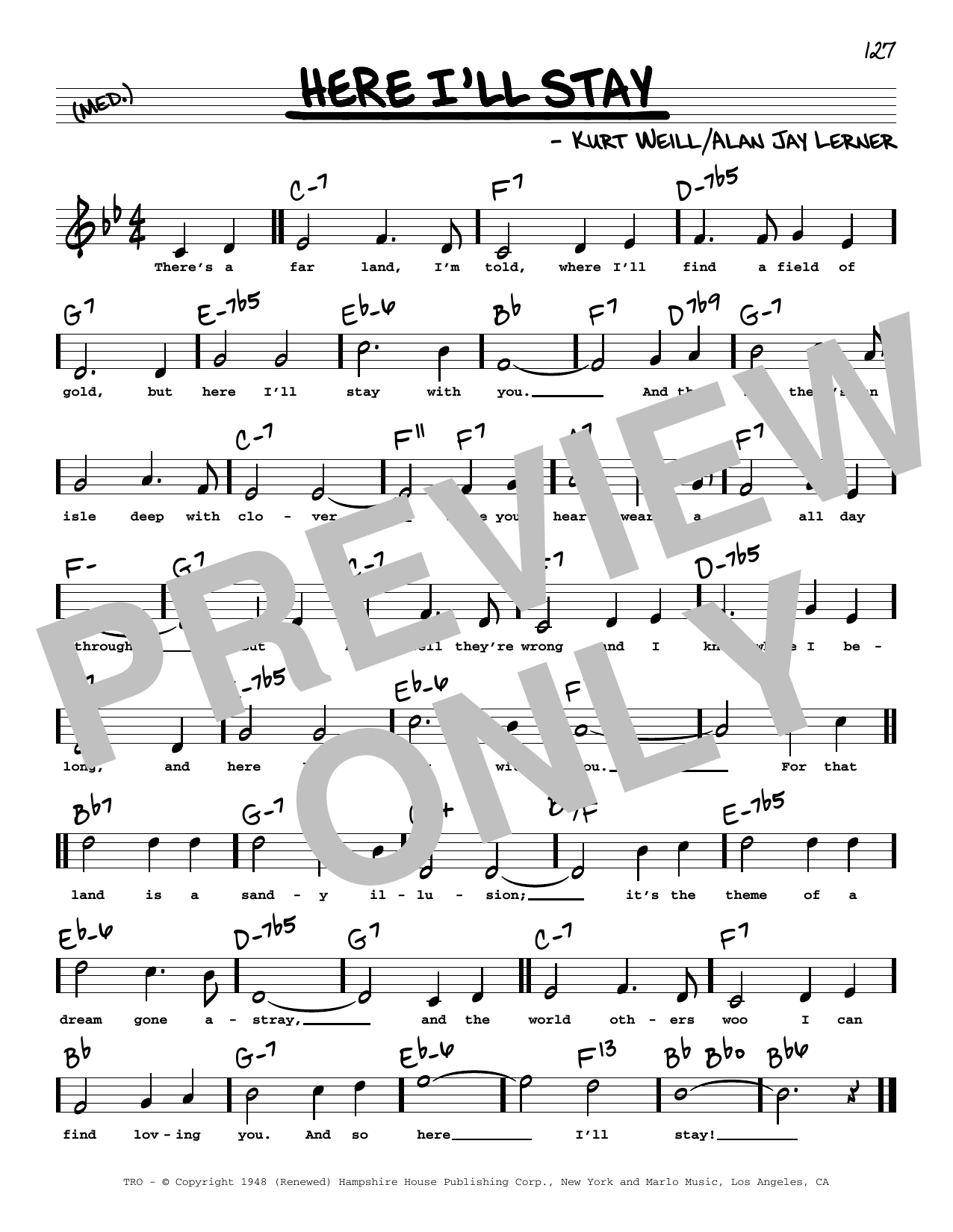Alan Jay Lerner & Kurt Weill Here I'll Stay (High Voice) (from Love Life) sheet music notes and chords arranged for Real Book – Melody, Lyrics & Chords