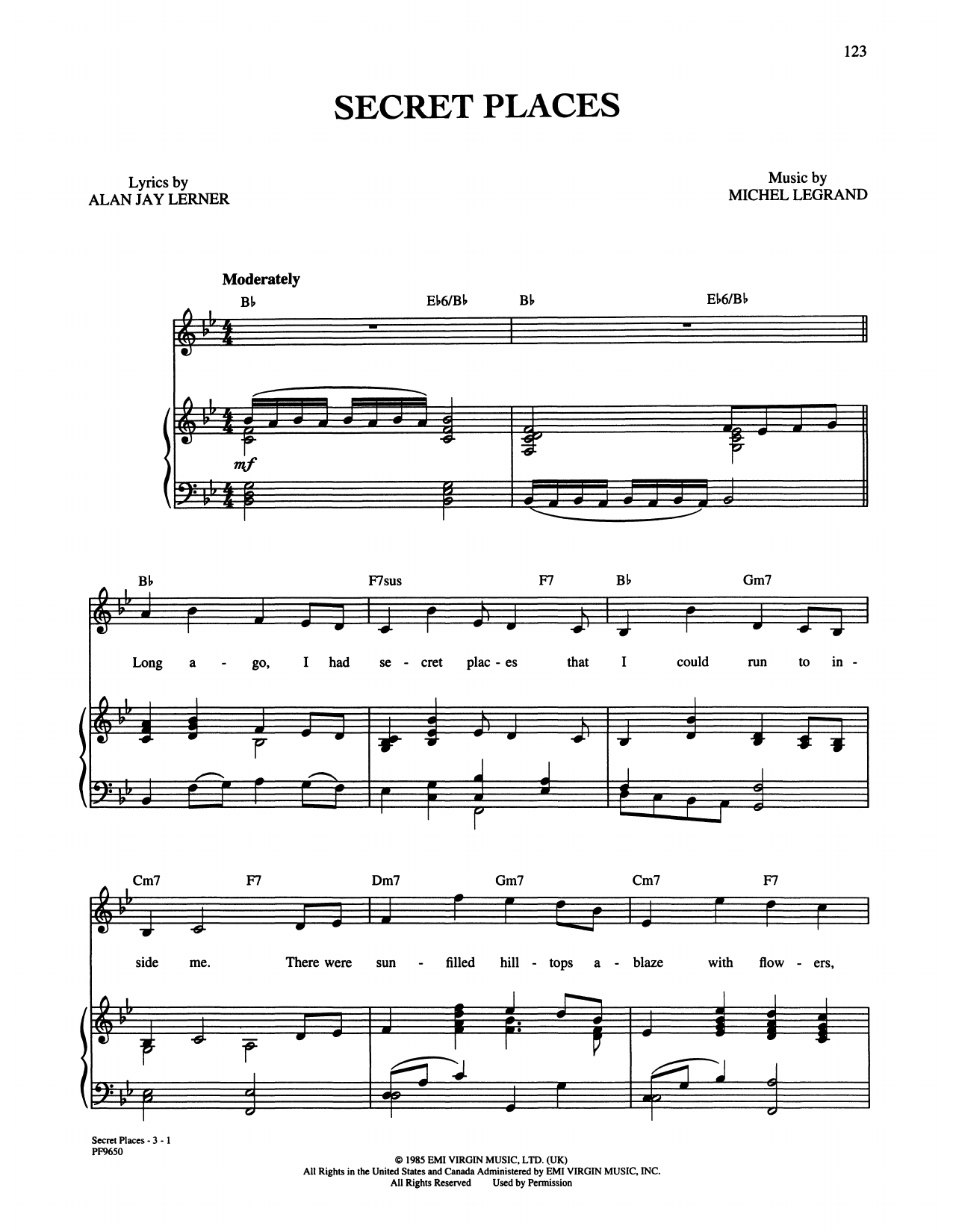 Alan Jay Lerner and Michel Legrand Secret Places sheet music notes and chords arranged for Piano, Vocal & Guitar Chords (Right-Hand Melody)