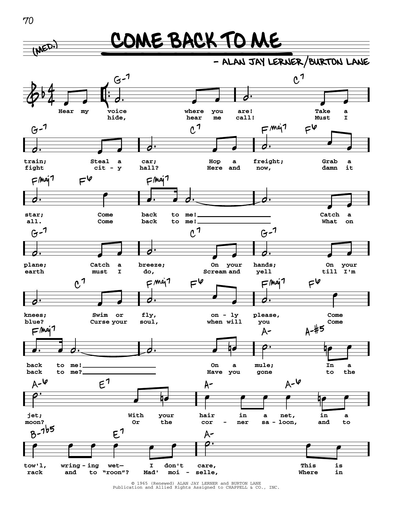 Alan Jay Lerner Come Back To Me (High Voice) sheet music notes and chords arranged for Real Book – Melody, Lyrics & Chords