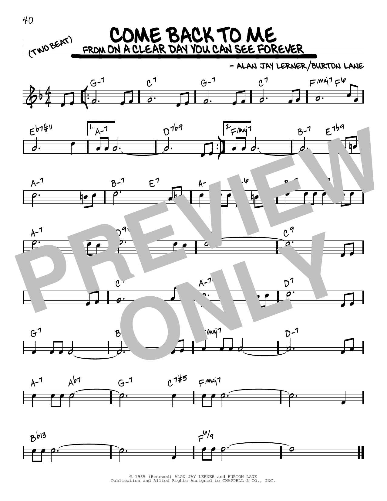 Alan Jay Lerner Come Back To Me sheet music notes and chords arranged for Real Book – Melody & Chords