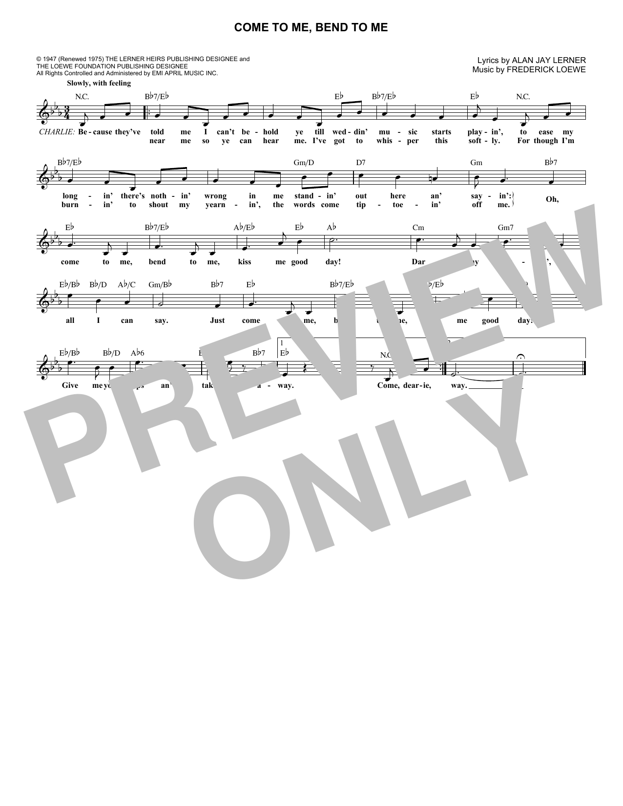 Alan Jay Lerner Come To Me, Bend To Me sheet music notes and chords arranged for Lead Sheet / Fake Book