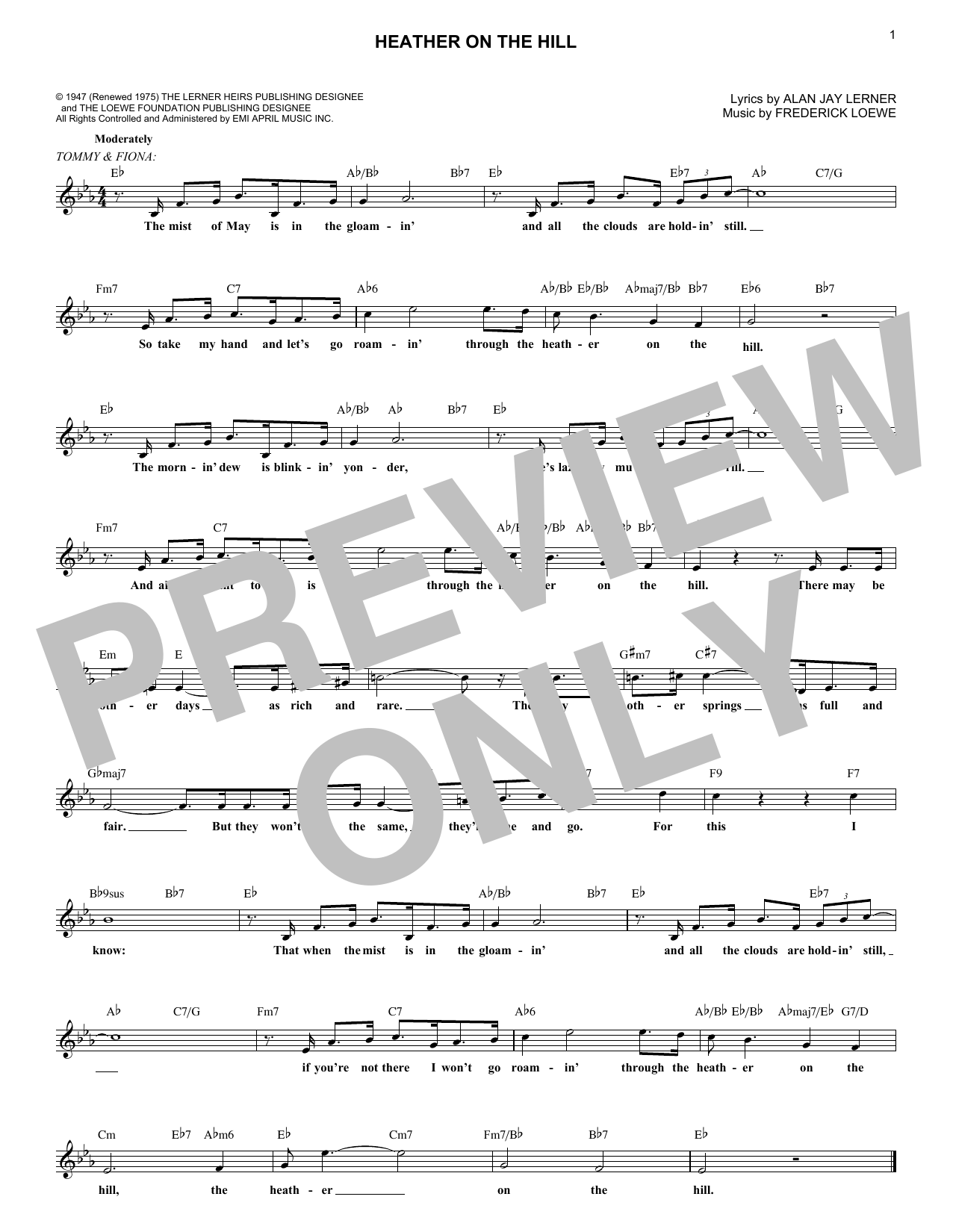 Alan Jay Lerner Heather On The Hill sheet music notes and chords arranged for Lead Sheet / Fake Book