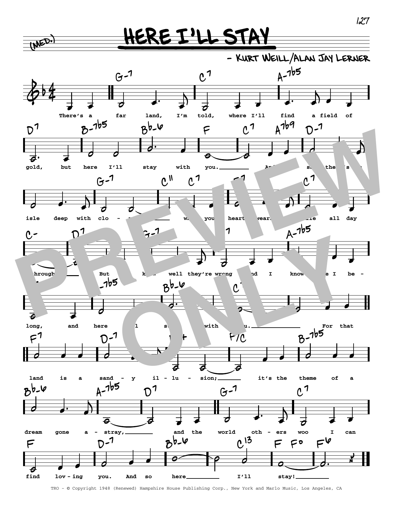 Alan Jay Lerner Here I'll Stay (Low Voice) sheet music notes and chords arranged for Real Book – Melody, Lyrics & Chords