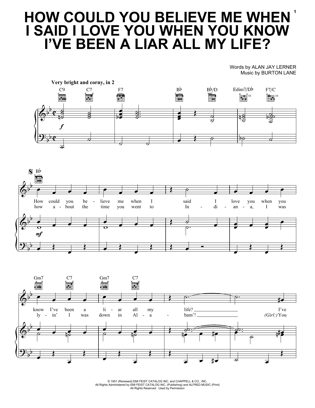 Alan Jay Lerner How Could You Believe Me When I Said I Love You When You Know I've Been A Liar All My Life? sheet music notes and chords arranged for Piano, Vocal & Guitar Chords (Right-Hand Melody)