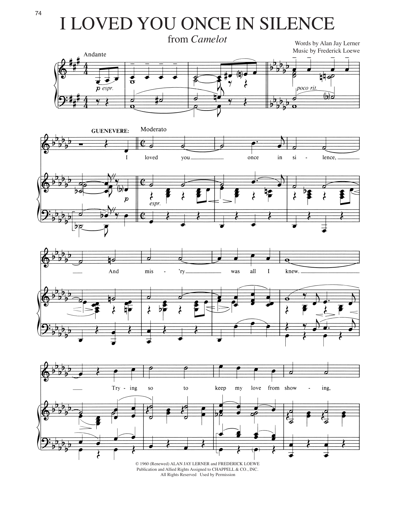 Alan Jay Lerner I Loved You Once In Silence (from Camelot) sheet music notes and chords arranged for Piano & Vocal
