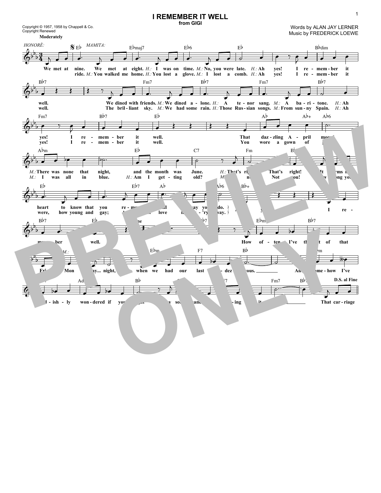 Alan Jay Lerner I Remember It Well sheet music notes and chords arranged for Lead Sheet / Fake Book