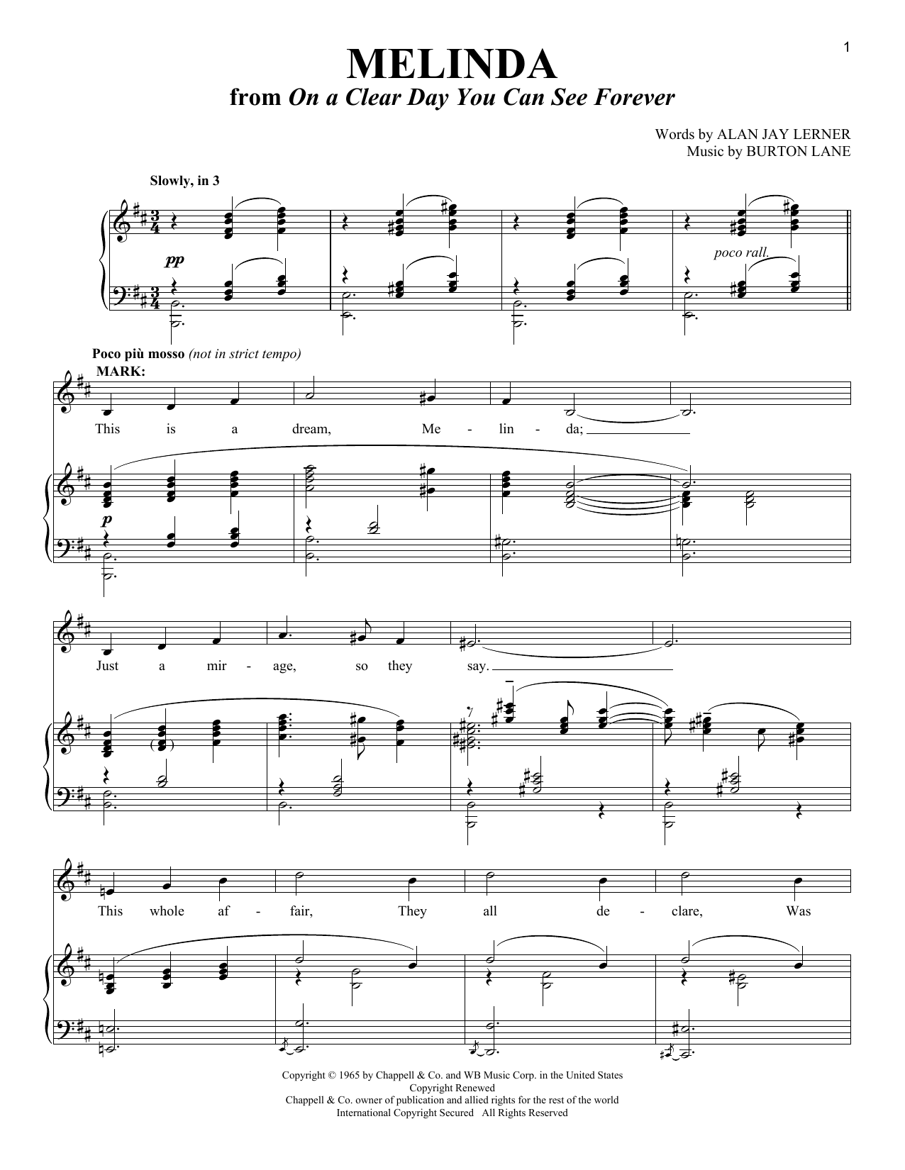 Alan Jay Lerner Melinda (from On a Clear Day You Can See Forever) sheet music notes and chords arranged for Piano & Vocal
