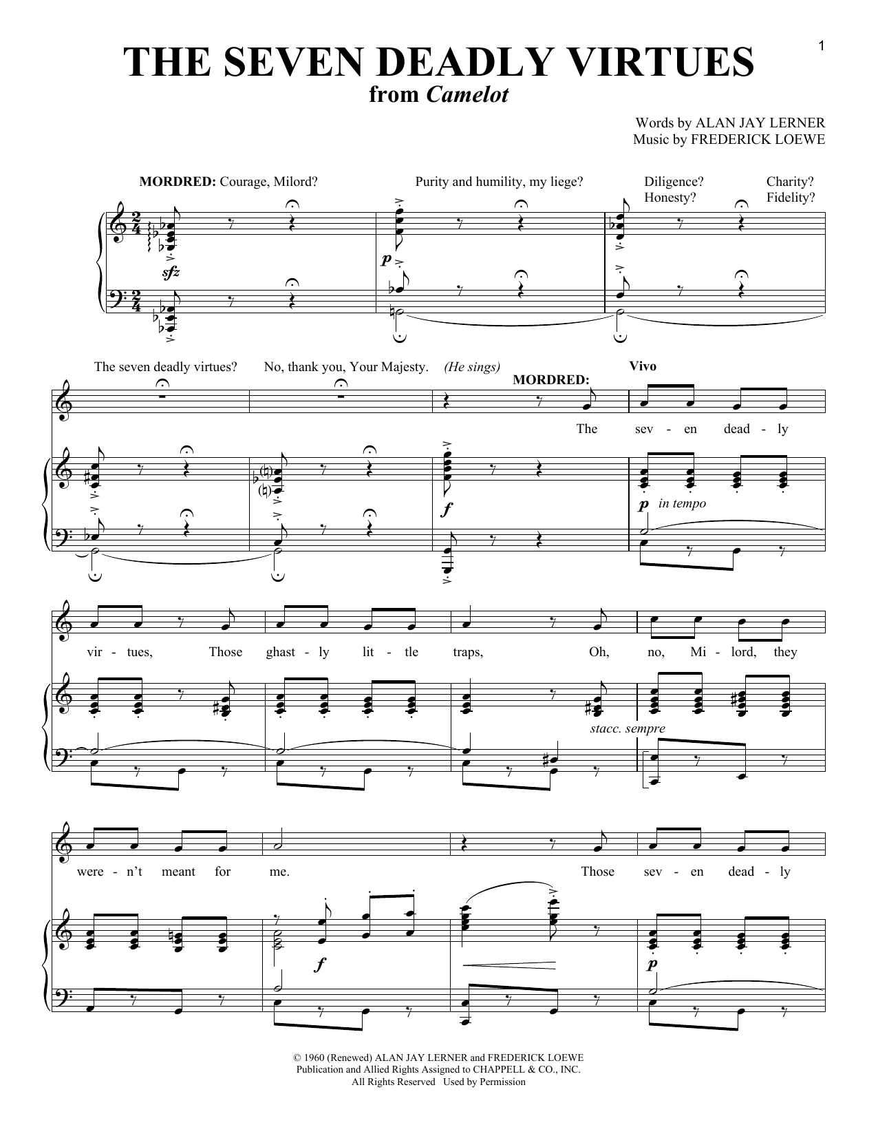 Alan Jay Lerner The Seven Deadly Virtues (from Camelot) sheet music notes and chords arranged for Piano & Vocal