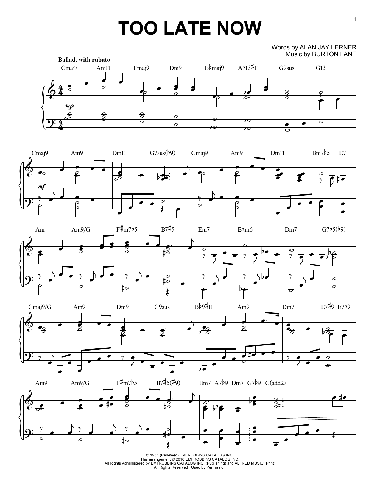 Alan Jay Lerner Too Late Now [Jazz version] (arr. Brent Edstrom) sheet music notes and chords arranged for Piano Solo