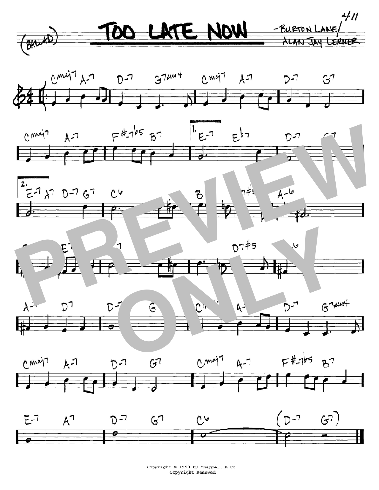 Alan Jay Lerner Too Late Now sheet music notes and chords arranged for Real Book – Melody & Chords – C Instruments