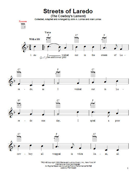 Alan Lomax Streets Of Laredo (The Cowboy's Lament) sheet music notes and chords arranged for Ukulele