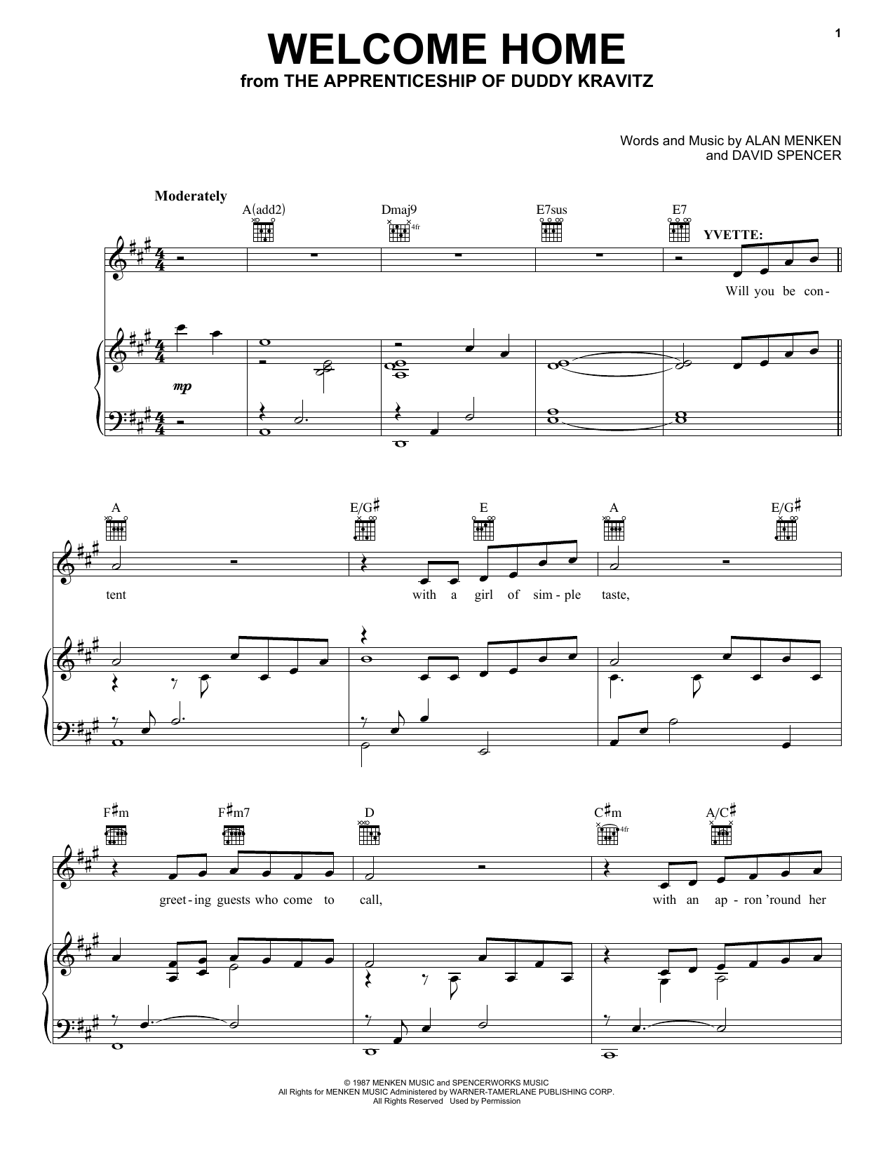 Alan Menken & David Spencer Welcome Home (from The Apprenticeship of Duddy Kravitz) sheet music notes and chords arranged for Piano, Vocal & Guitar Chords (Right-Hand Melody)