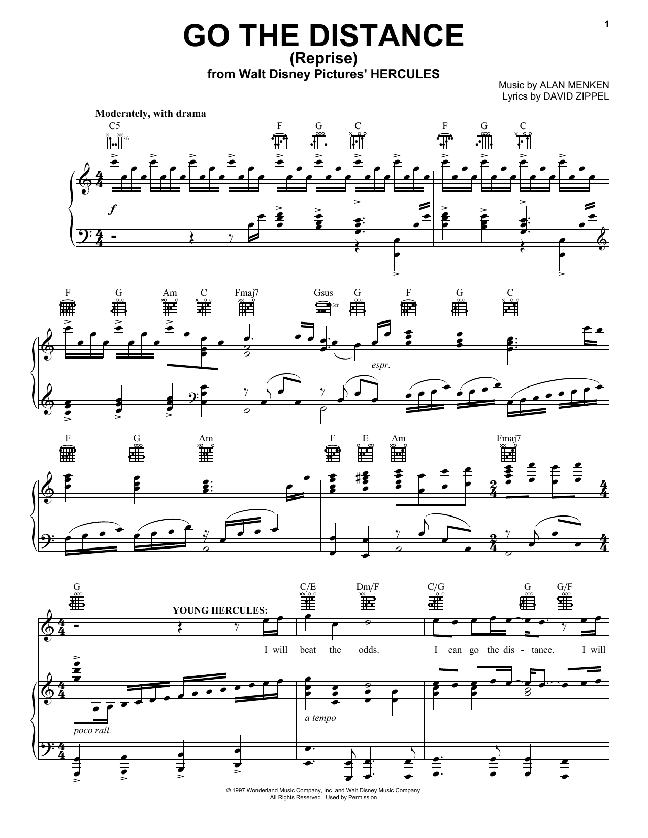 Alan Menken & David Zippel Go The Distance (Reprise) (from Hercules) sheet music notes and chords arranged for Piano, Vocal & Guitar Chords (Right-Hand Melody)