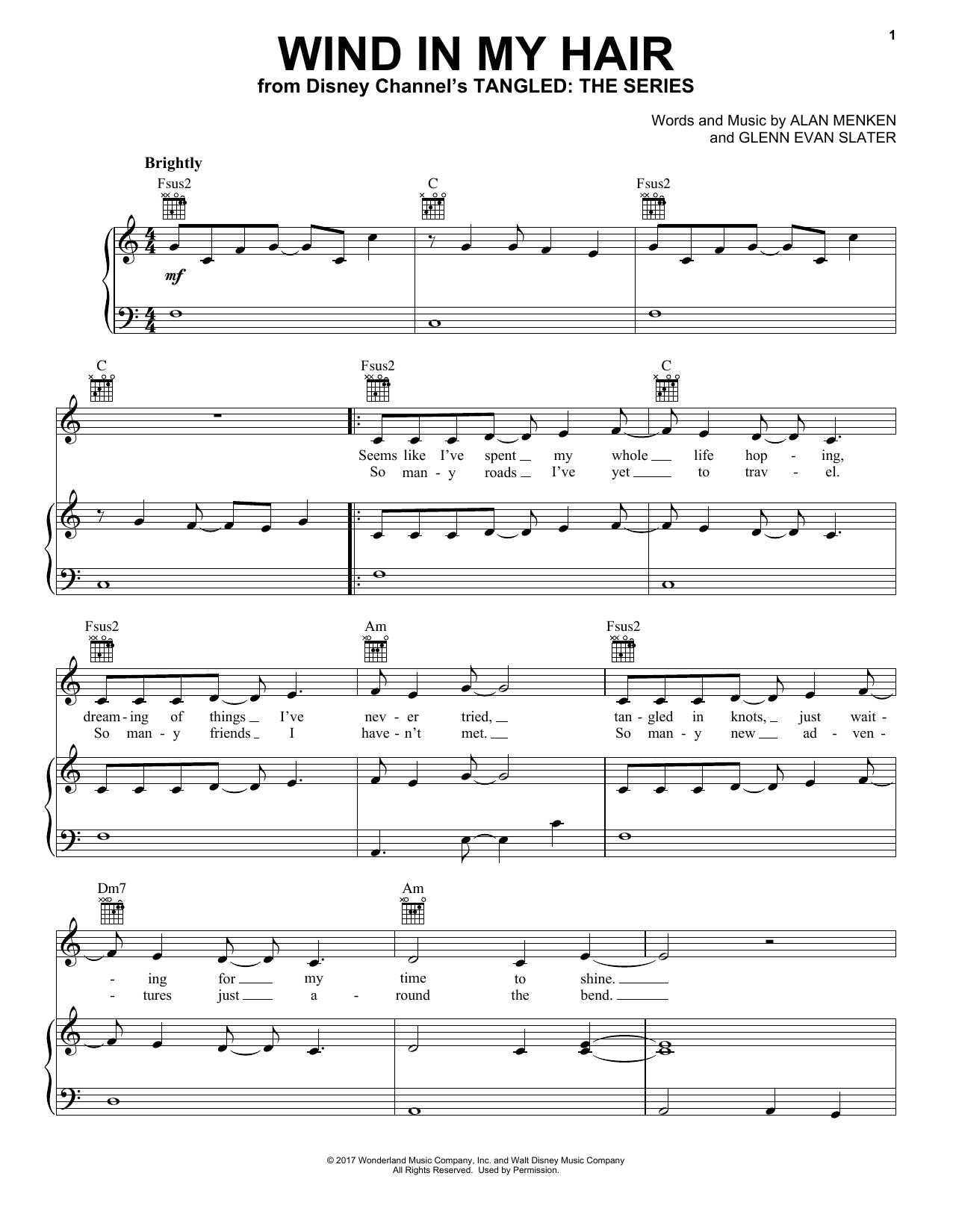 Alan Menken & Glenn Evan Slater Wind In My Hair (from Tangled: The Series) sheet music notes and chords arranged for Piano, Vocal & Guitar Chords (Right-Hand Melody)