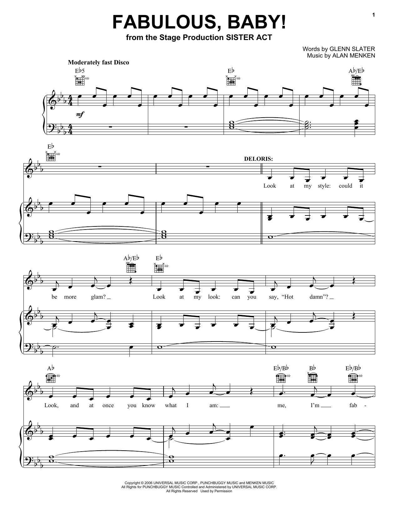 Alan Menken & Glenn Slater Fabulous, Baby! (from the musical Sister Act) sheet music notes and chords arranged for Piano, Vocal & Guitar Chords (Right-Hand Melody)