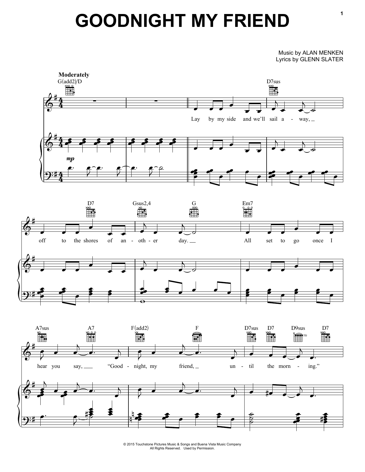 Alan Menken & Glenn Slater Goodnight My Friend (from Galavant) sheet music notes and chords arranged for Piano, Vocal & Guitar Chords (Right-Hand Melody)