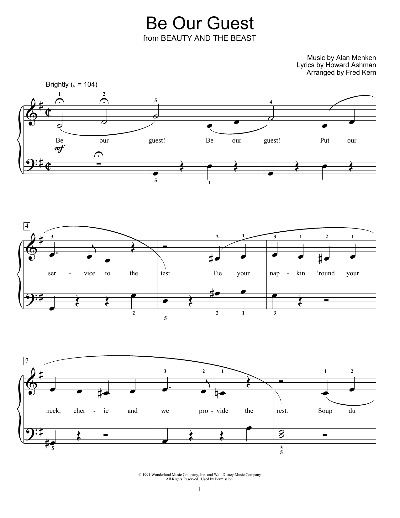 Alan Menken & Howard Ashman Be Our Guest (from Beauty and The Beast) (arr. Fred Kern) sheet music notes and chords arranged for Educational Piano
