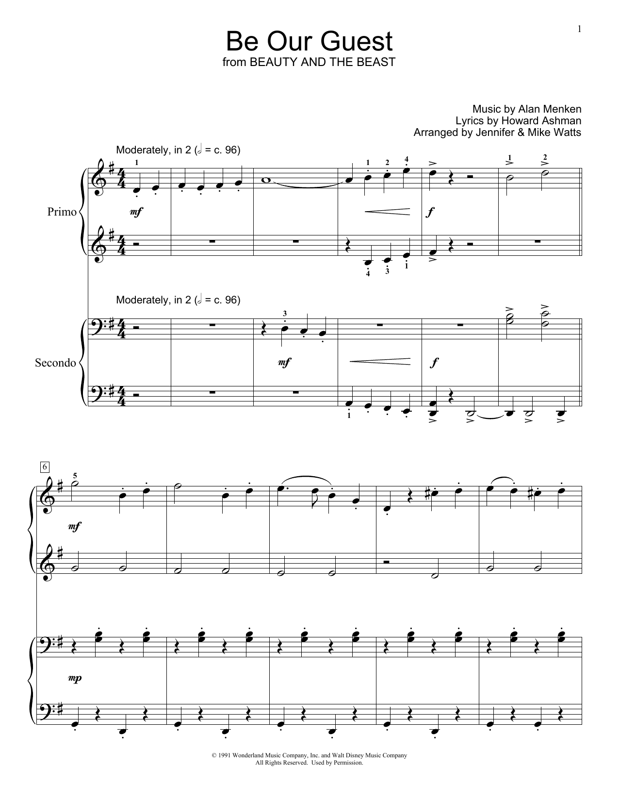 Alan Menken & Howard Ashman Be Our Guest (from Beauty and The Beast) (arr. Jennifer & Mike Watts) sheet music notes and chords arranged for Piano Duet