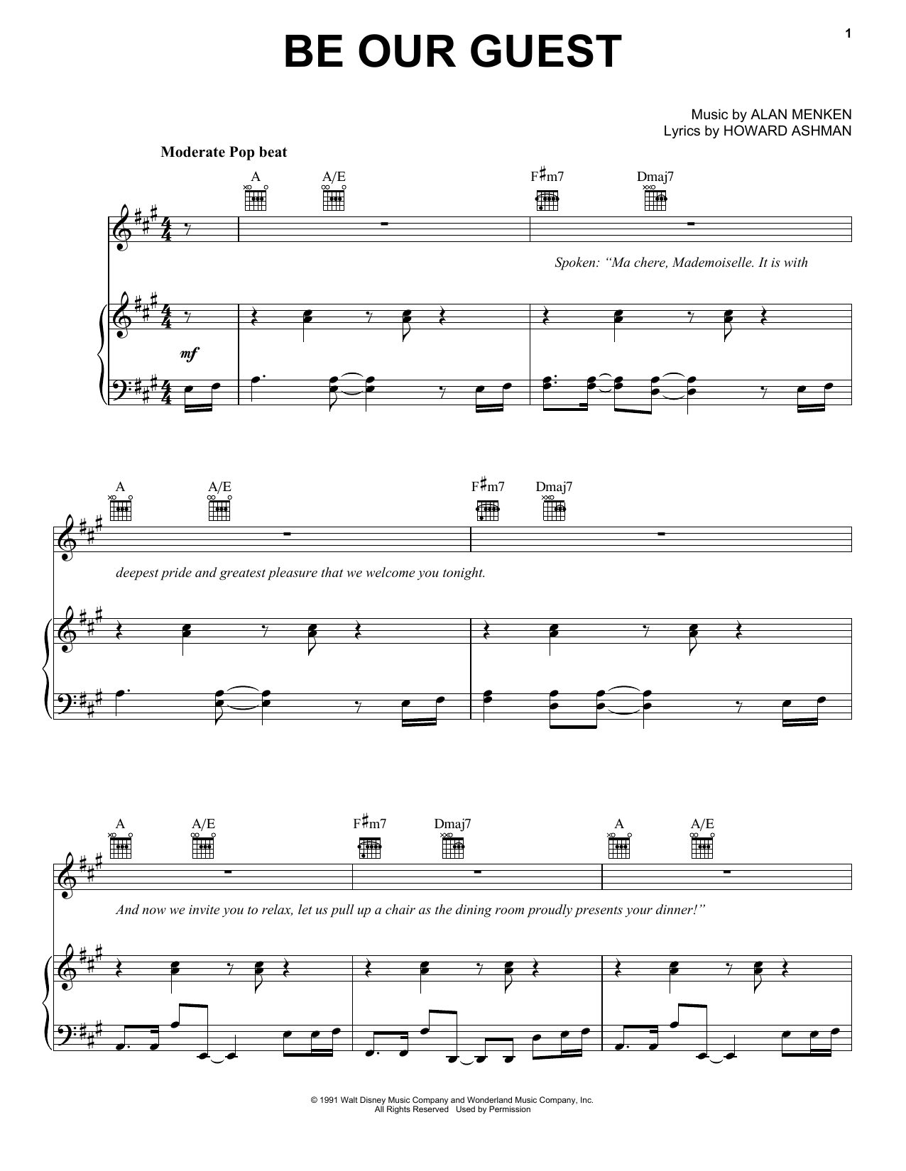 Alan Menken & Howard Ashman Be Our Guest (from Disney's Descendants) sheet music notes and chords arranged for Piano, Vocal & Guitar Chords (Right-Hand Melody)