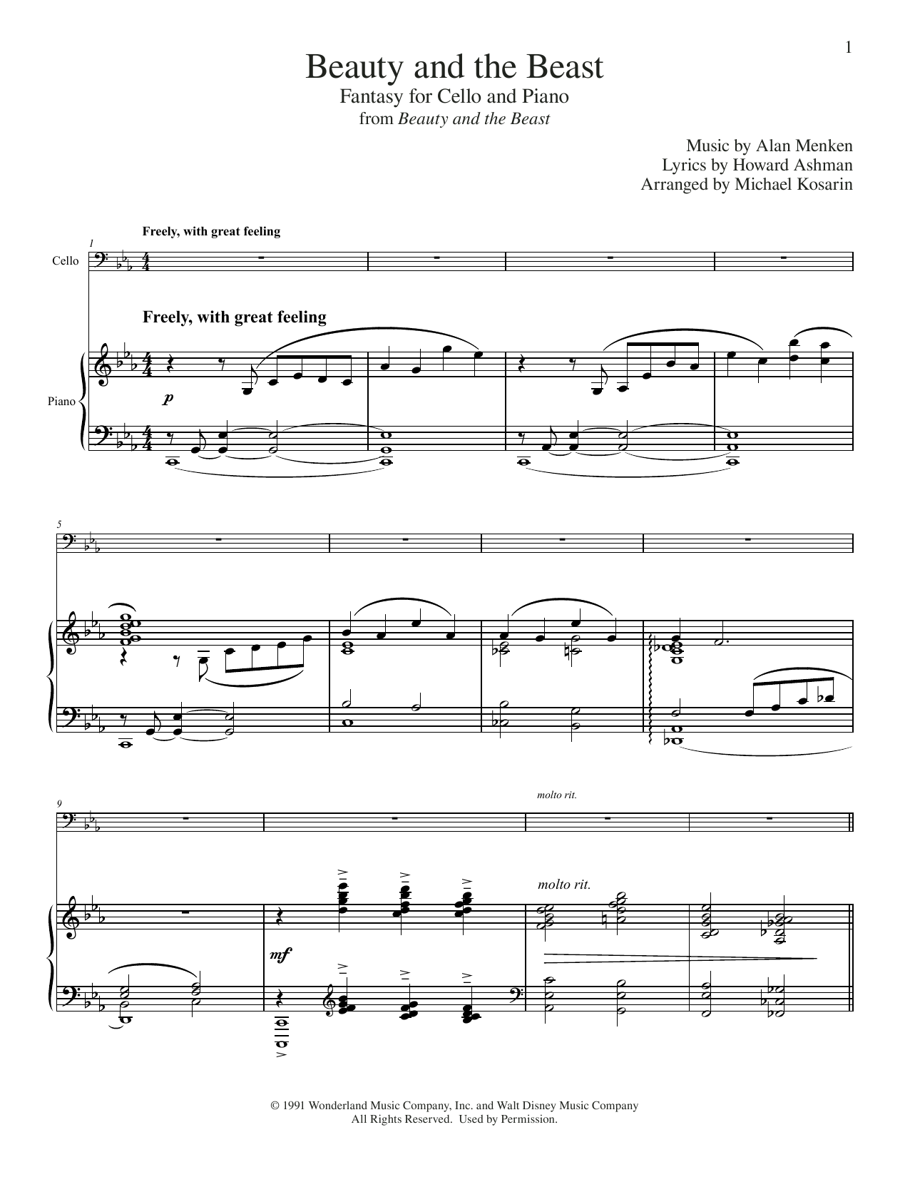 Alan Menken & Howard Ashman Beauty And The Beast (arr. Michael Kosarin) sheet music notes and chords arranged for Cello and Piano