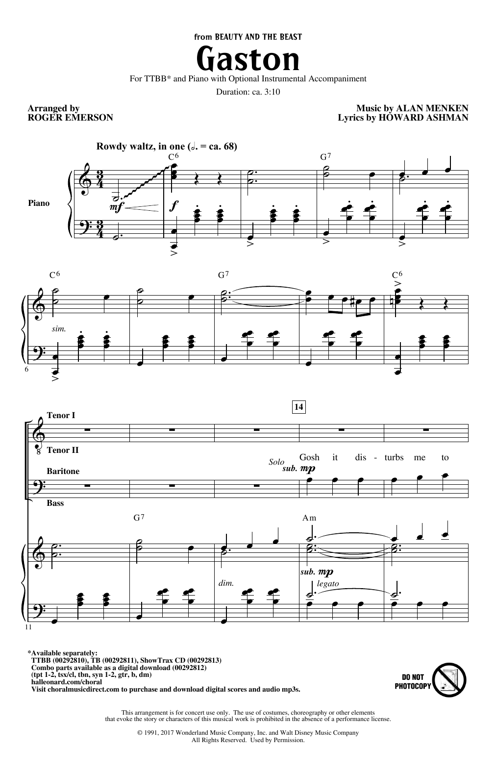 Alan Menken & Howard Ashman Gaston (from Beauty and The Beast) (arr. Roger Emerson) sheet music notes and chords arranged for TB Choir
