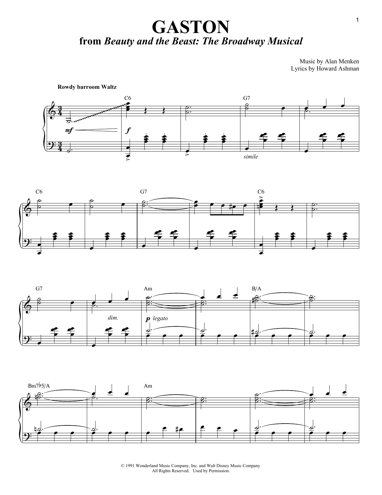Alan Menken & Howard Ashman Gaston (from Beauty And The Beast) sheet music notes and chords arranged for Flute Solo