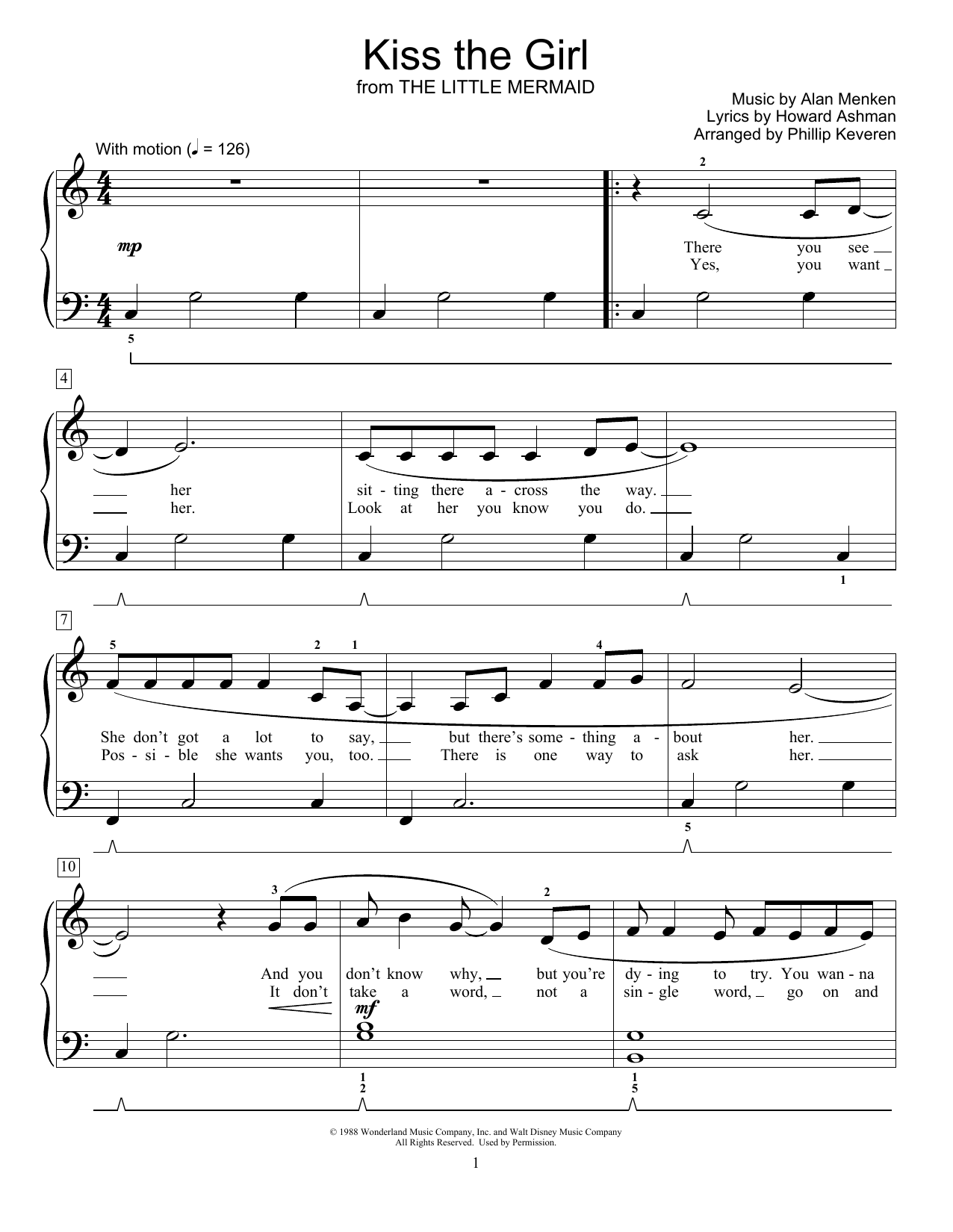 Alan Menken & Howard Ashman Kiss The Girl (from The Little Mermaid) (arr. Phillip Keveren) sheet music notes and chords arranged for Educational Piano