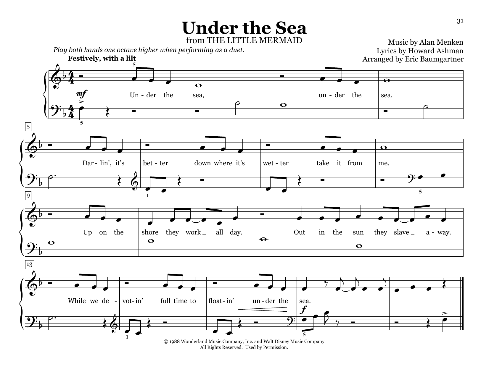 Alan Menken & Howard Ashman Under The Sea (from The Little Mermaid) (arr. Eric Baumgartner) sheet music notes and chords arranged for Piano Duet