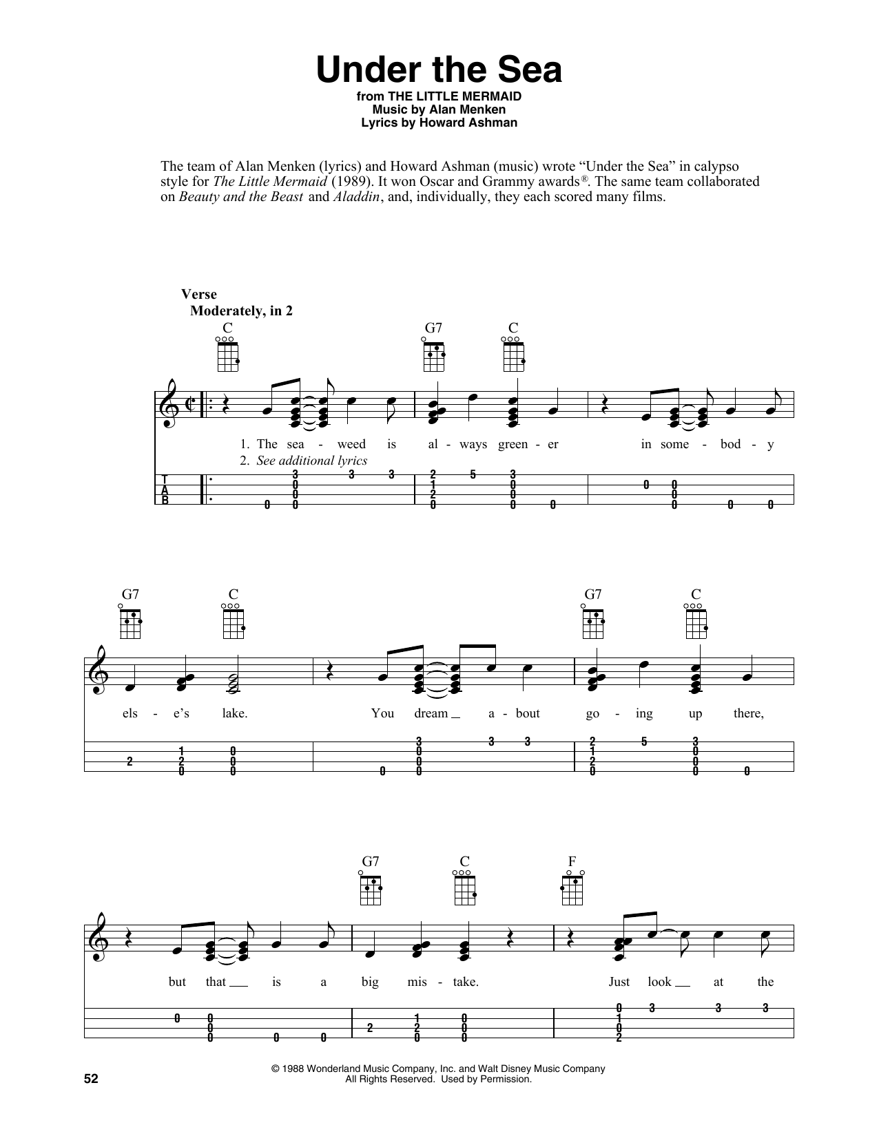 Alan Menken & Howard Ashman Under The Sea (from The Little Mermaid) (arr. Fred Sokolow) sheet music notes and chords arranged for Easy Ukulele Tab