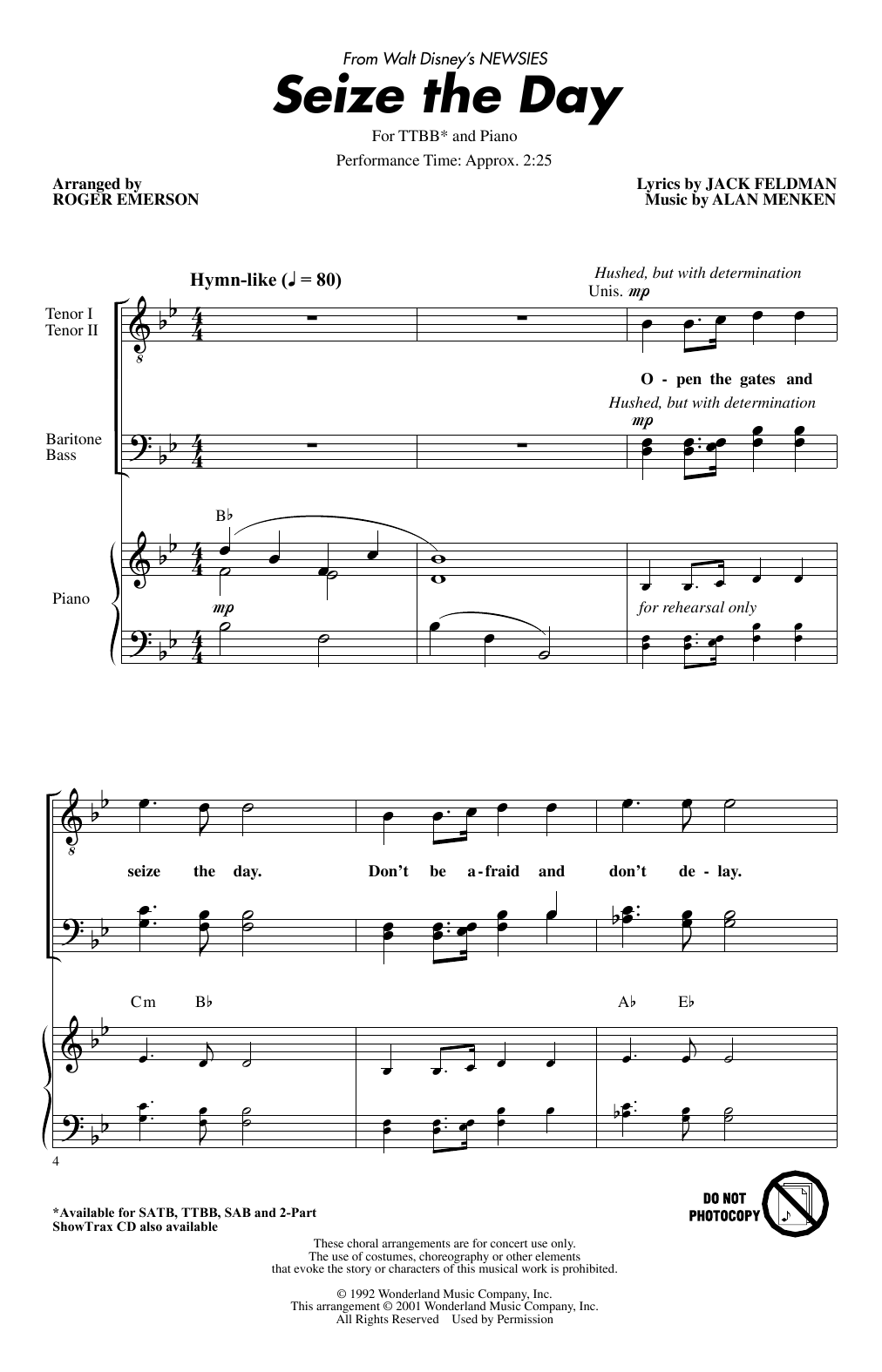 Alan Menken & Jack Feldman Seize The Day (from Newsies) (arr. Roger Emerson) sheet music notes and chords arranged for SAB Choir