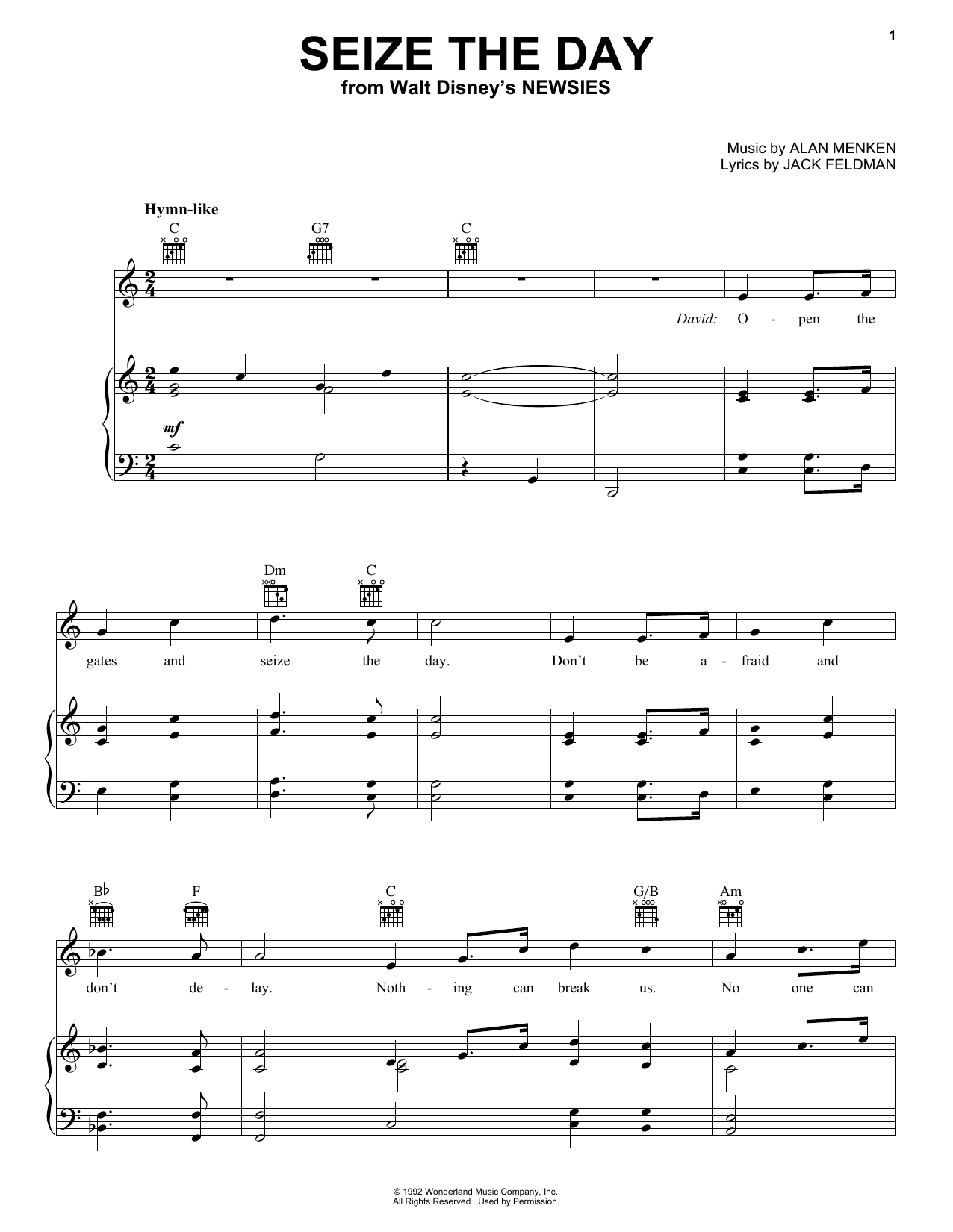 Alan Menken & Jack Feldman Seize The Day (from Newsies) sheet music notes and chords arranged for Very Easy Piano